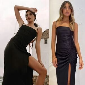 Shona Joy | Thalia Midi Dress in Black Square Neck Ruched Side Slit Dress 6